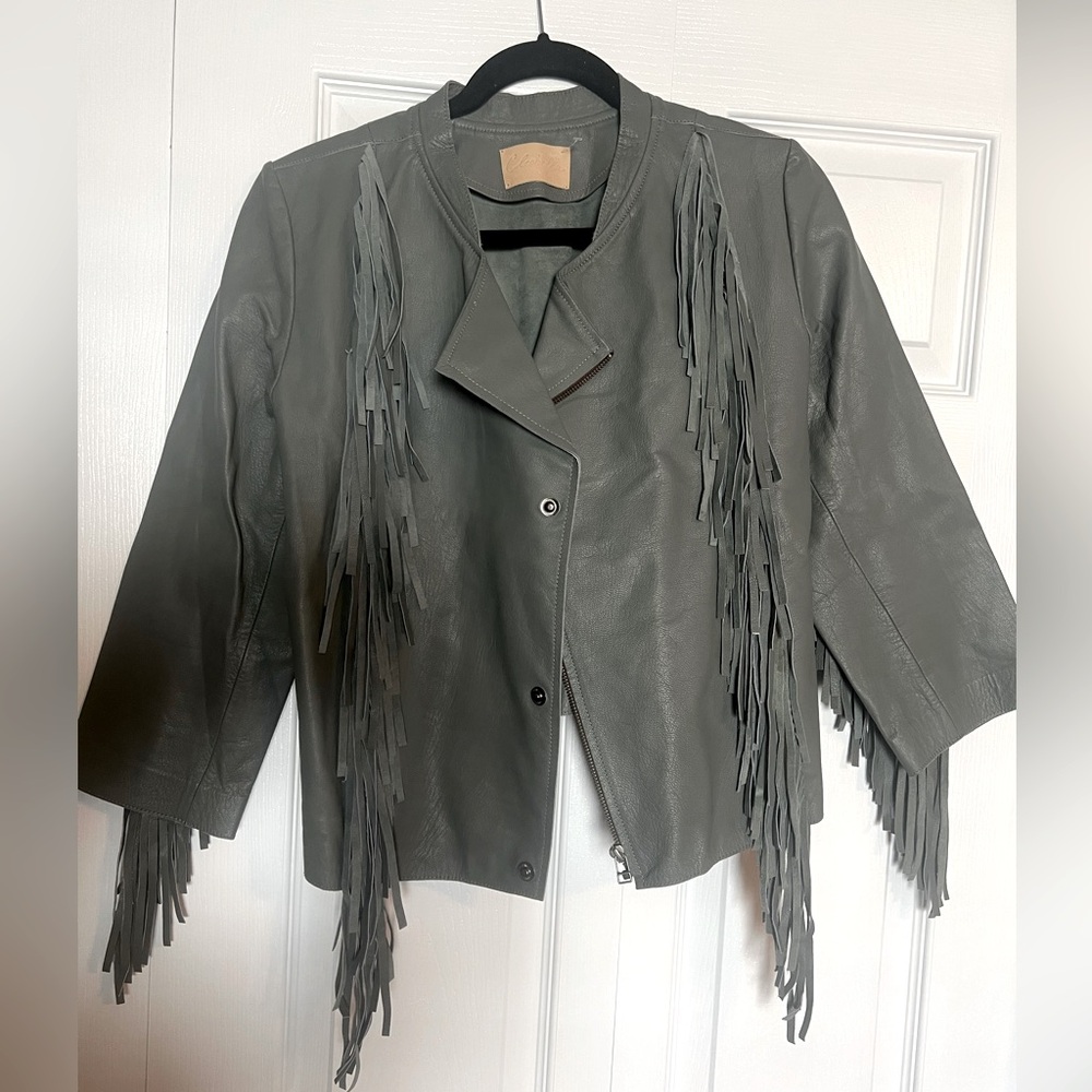 NWOT Cleobella cropped leather fringe jacket in seafoam